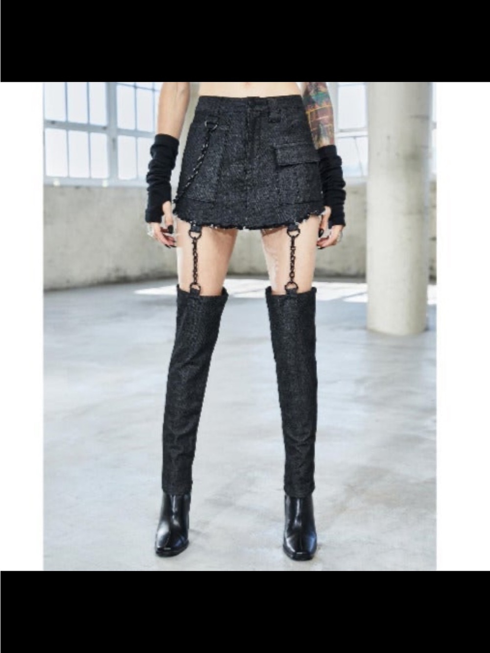 Black Textured Mini Skirt with Chain Garter Detail